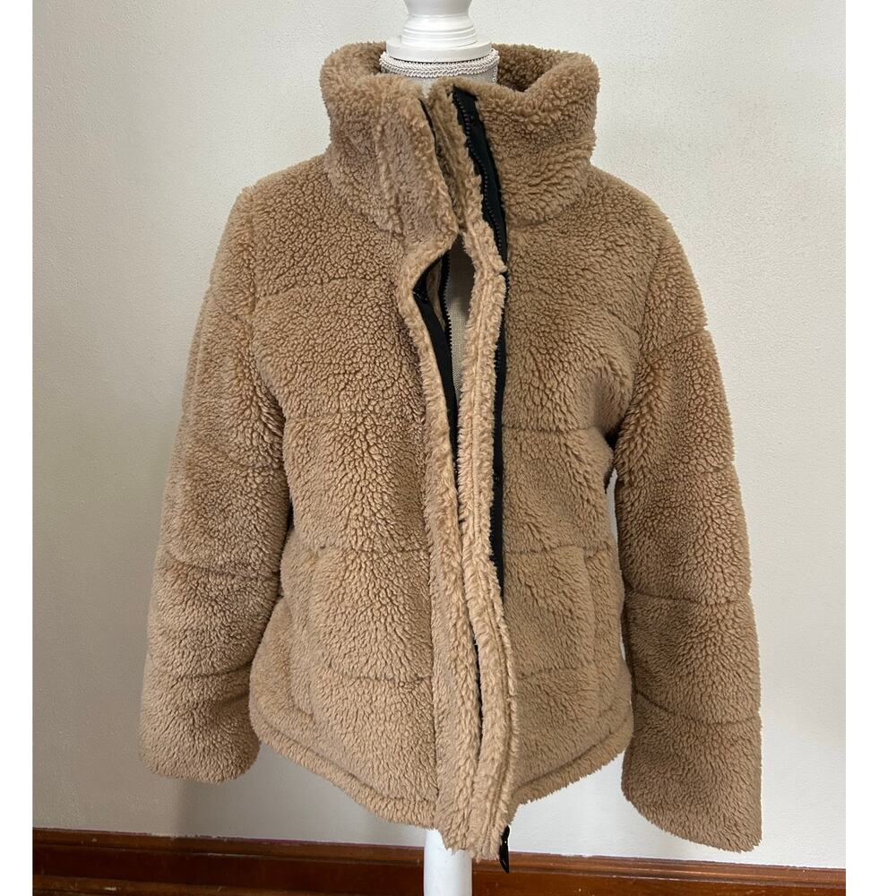 Calvin Klein Sherpa Puffer Jacket M Tan Beige Teddy Fleece Full Zip Mock Neck